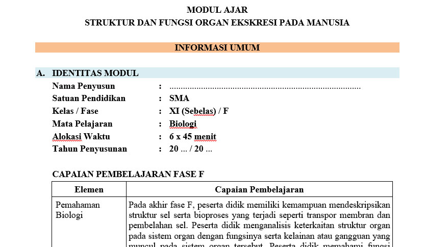 Download Modul Ajar Biologi Kelas XI Sistem Ekskresi