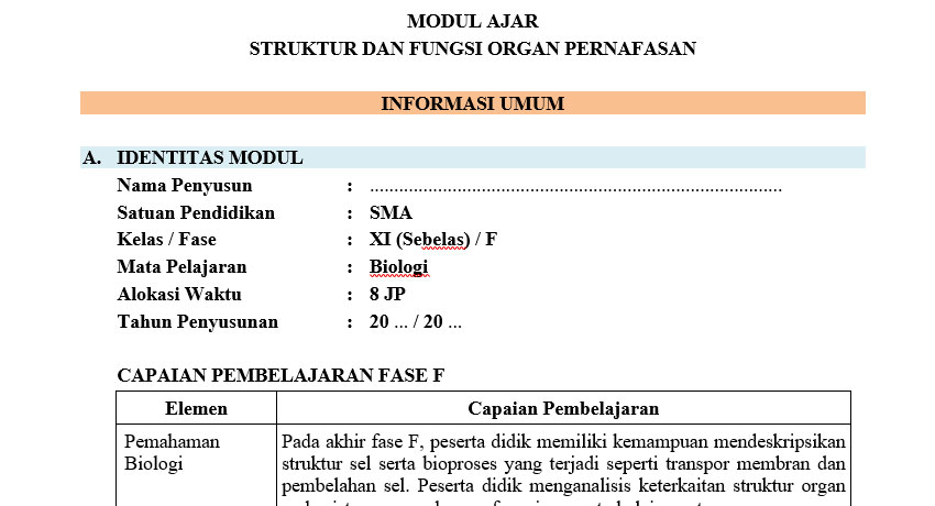 Download Modul Ajar Biologi Kelas XI Sistem pernapasan