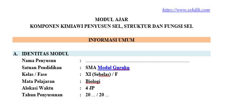 Download Modul Ajar Biologi Kelas XI Struktur dan Fungsi Sel