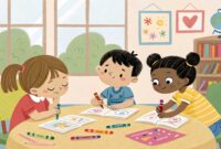 ilustrasi anak mewarnai dengan rapi