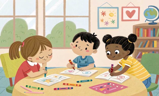 ilustrasi anak mewarnai dengan rapi