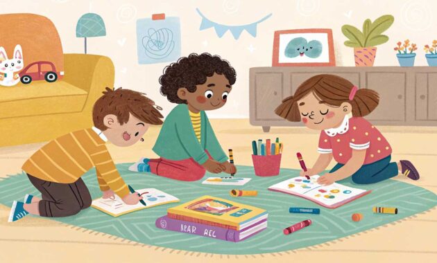 ilustrasi anak sedang mewarnai gambar